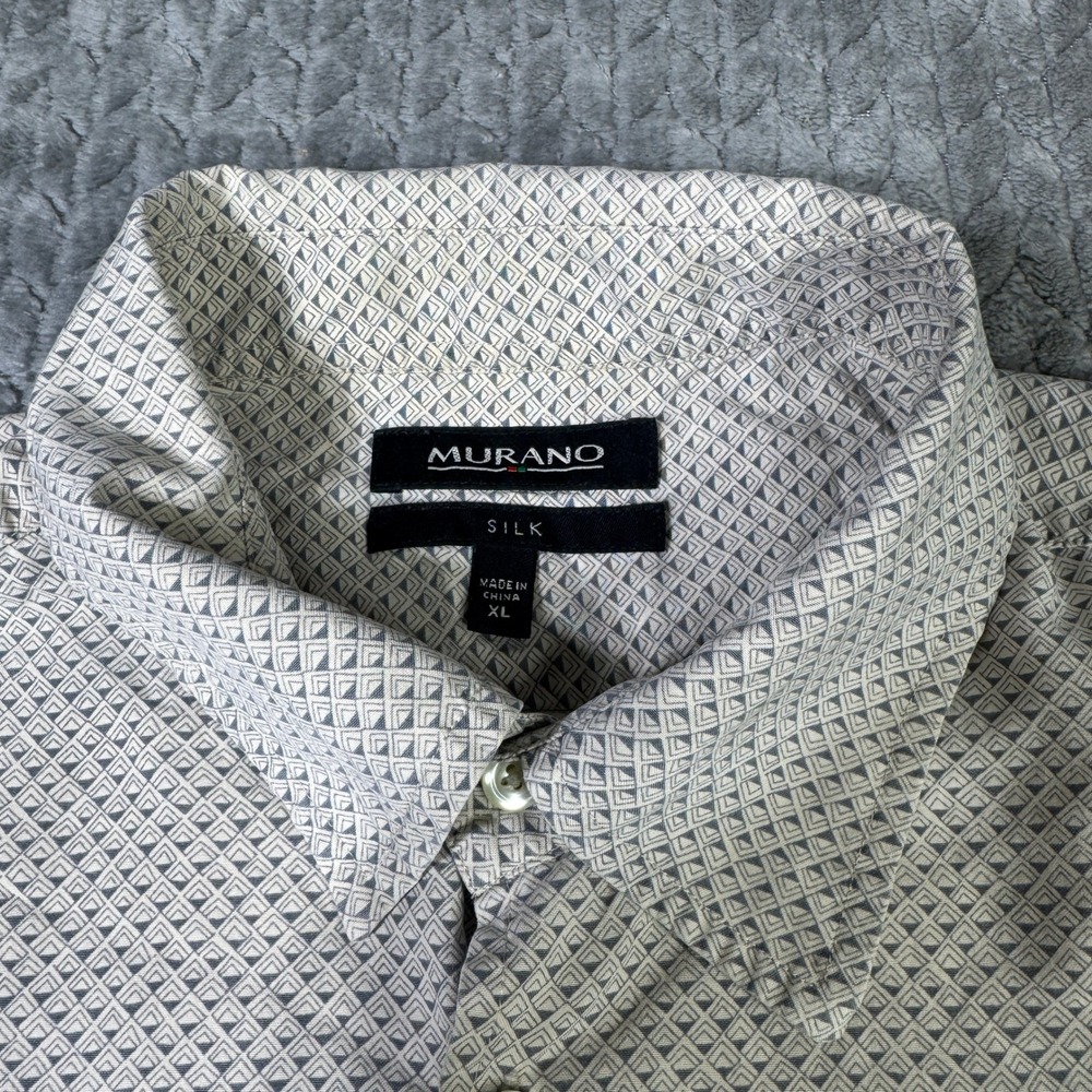 Murano Silk Mens Cream Tan Geometric Print Short Sleeve Button Up Shirt XL Soft - Picture 3 of 11